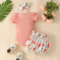 Load image into Gallery viewer, 3 Pieces Set Baby Girls Letters Rompers Flower Print Shorts And Bow Headwear Wholesale 230105741
