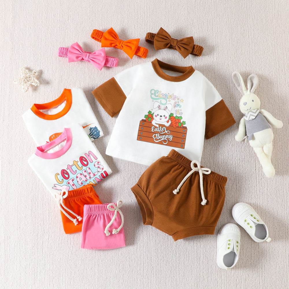 3 Pieces Set Baby Girls Letters Animals Print T-Shirts Solid Color Shorts And Bow Headwear Wholesale 230105751