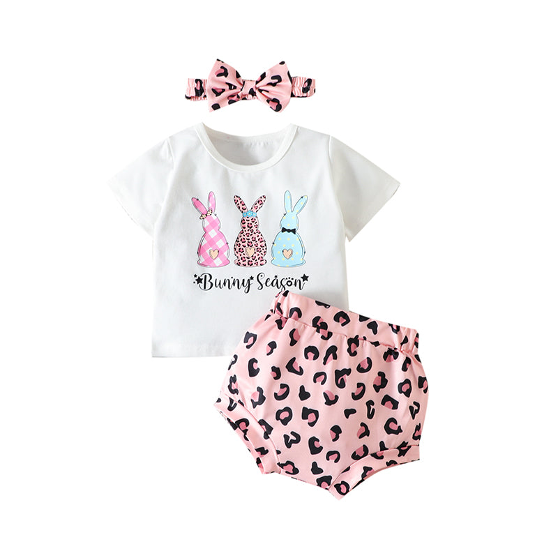 3 Pieces Set Baby Girls Letters Cartoon Print T-Shirts Polka dots Shorts And Bow Headwear Wholesale 230105766