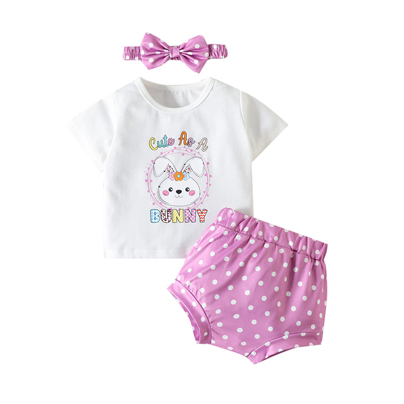 3 Pieces Set Baby Girls Letters Cartoon Print T-Shirts Polka dots Shorts And Bow Headwear Wholesale 230105766