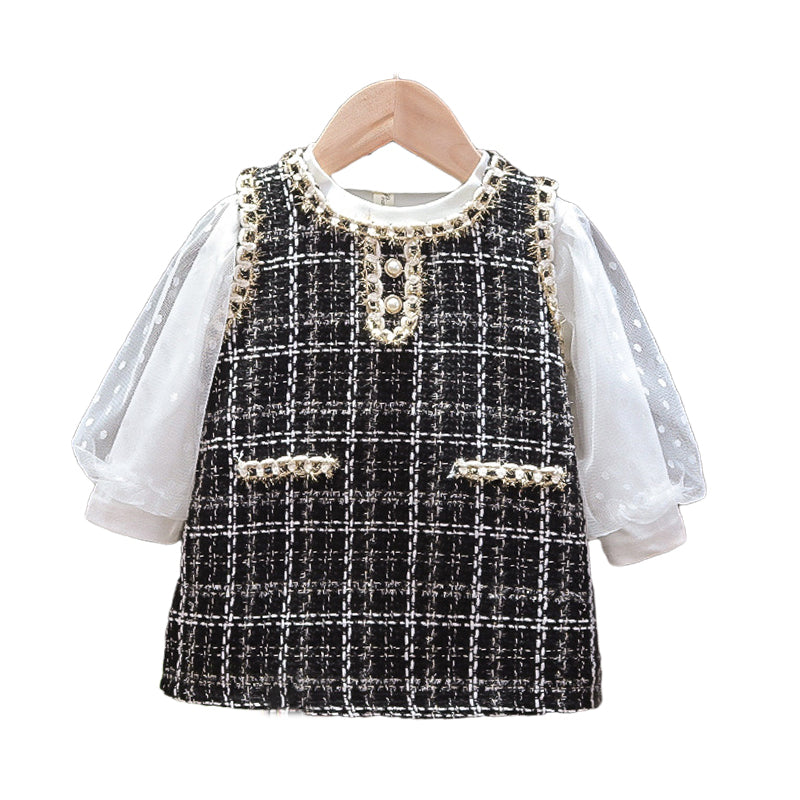 2 Pieces Set Baby Kid Girls Solid Color Tops And Checked Dresses Wholesale 23010577