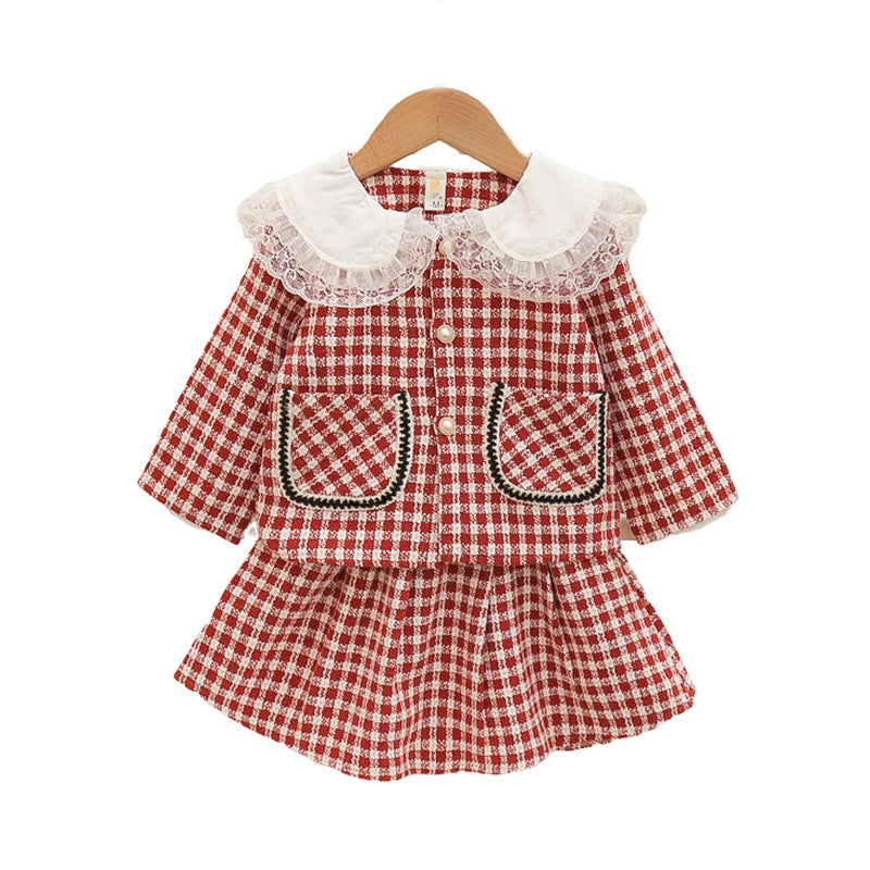 2 Pieces Set Baby Kid Girls Checked Lace Jackets Outwears And Skirts Wholesale 230105771