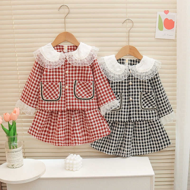 2 Pieces Set Baby Kid Girls Checked Lace Jackets Outwears And Skirts Wholesale 230105771