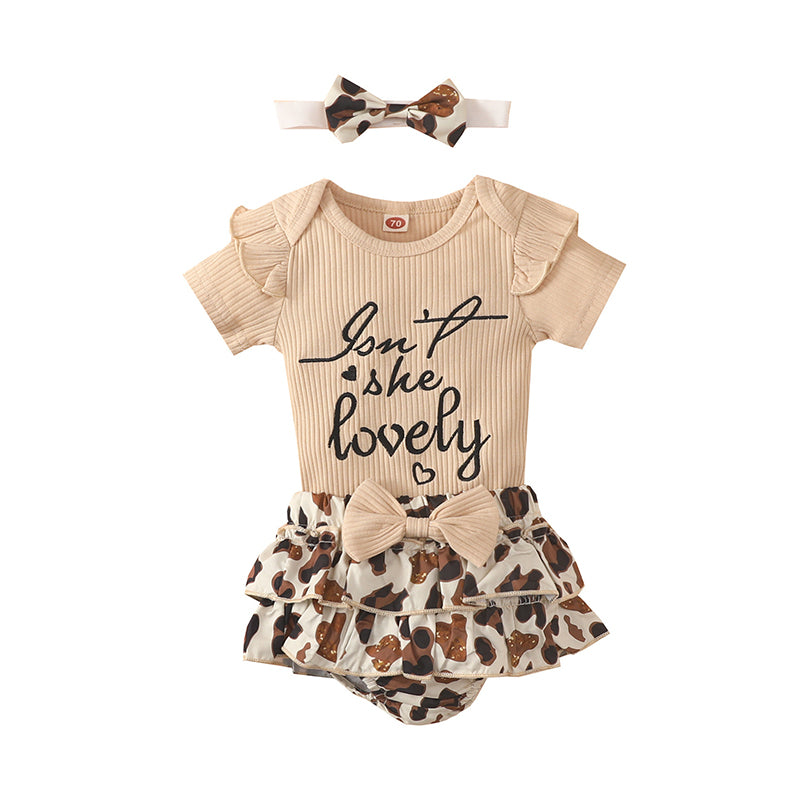 3 Pieces Set Baby Girls Letters Rompers Leopard Shorts And Bow Headwear Wholesale 230105772