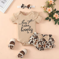 Load image into Gallery viewer, 3 Pieces Set Baby Girls Letters Rompers Leopard Shorts And Bow Headwear Wholesale 230105772
