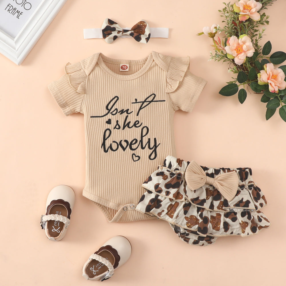 3 Pieces Set Baby Girls Letters Rompers Leopard Shorts And Bow Headwear Wholesale 230105772