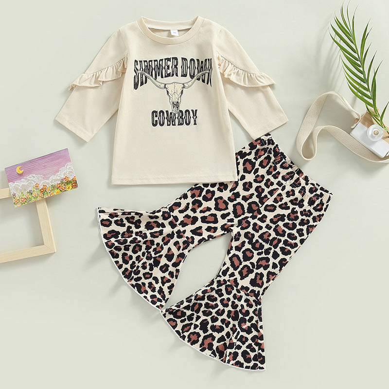 2 Pieces Set Baby Kid Girls Letters Cartoon Print Tops And Leopard Pants Wholesale 230105773