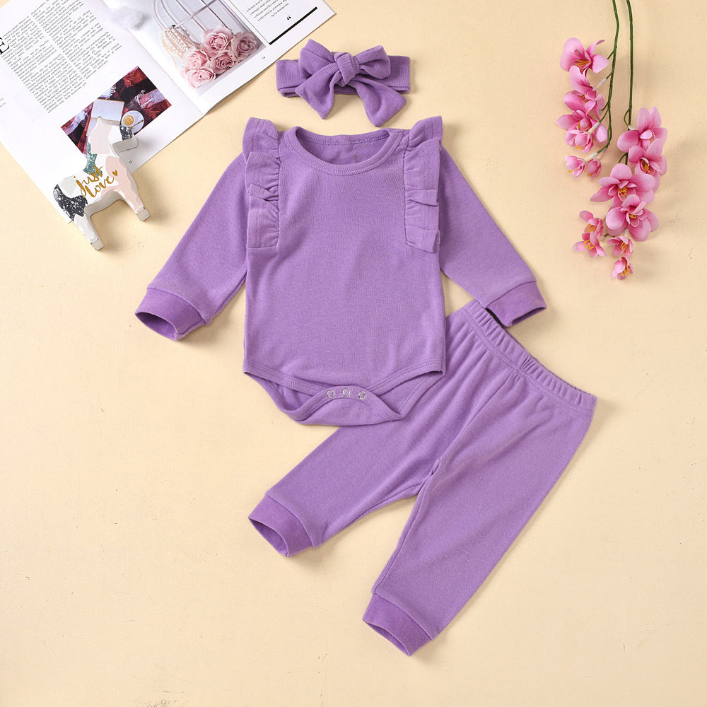 3 Pieces Set Baby Girls Solid Color Rompers Pants And Bow Headwear Wholesale 23010595
