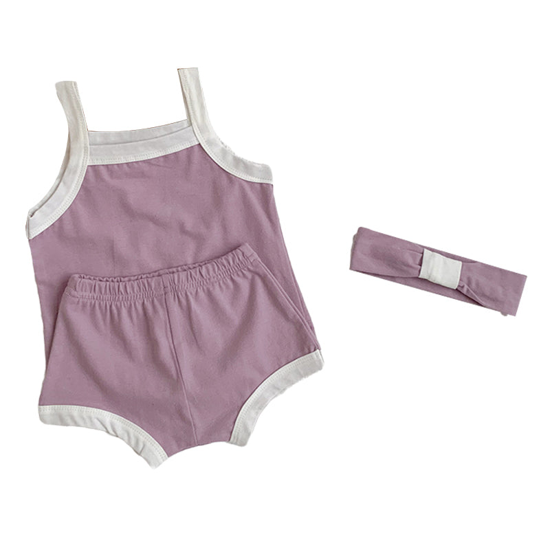 3 Pieces Set Baby Girls Color-blocking Tank Tops Shorts And Bow Headwear Wholesale 230107124