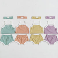 Load image into Gallery viewer, 3 Pieces Set Baby Girls Color-blocking Tank Tops Shorts And Bow Headwear Wholesale 230107124
