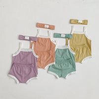 Load image into Gallery viewer, 3 Pieces Set Baby Girls Color-blocking Tank Tops Shorts And Bow Headwear Wholesale 230107124
