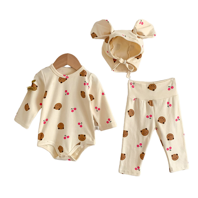 3 Pieces Set Baby Unisex Animals Cartoon Print Rompers Pants And Hats Wholesale 230107143