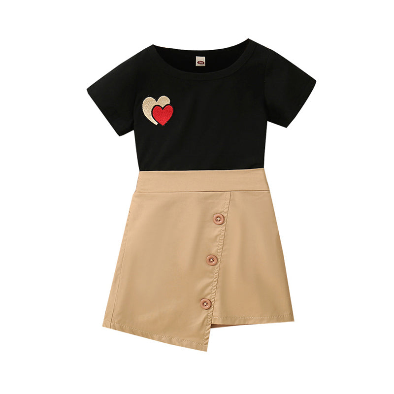 2 Pieces Set Baby Kid Girls Love heart T-Shirts And Solid Color Skirts Wholesale 230107218