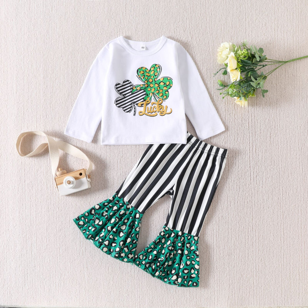 2 Pieces Set Baby Kid Girls St Patrick's Day Letters Tops And Striped  Leopard Pants Wholesale 230107231