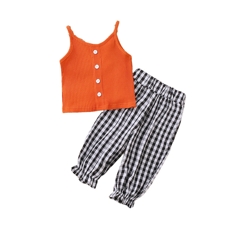 2 Pieces Set Baby Kid Girls Solid Color Striped Tank Tops And Checked Pants Wholesale 230107356