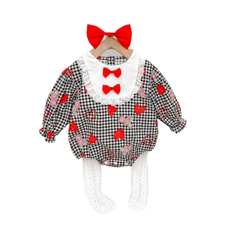 Baby Girls Love heart Checked Bow Valentine's Day Rompers Wholesale 23010763