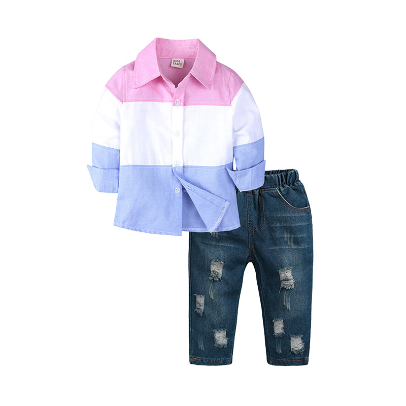 2 Pieces Set Baby Kid Boys Color-blocking Shirts And Ripped Jeans Wholesale 23011003