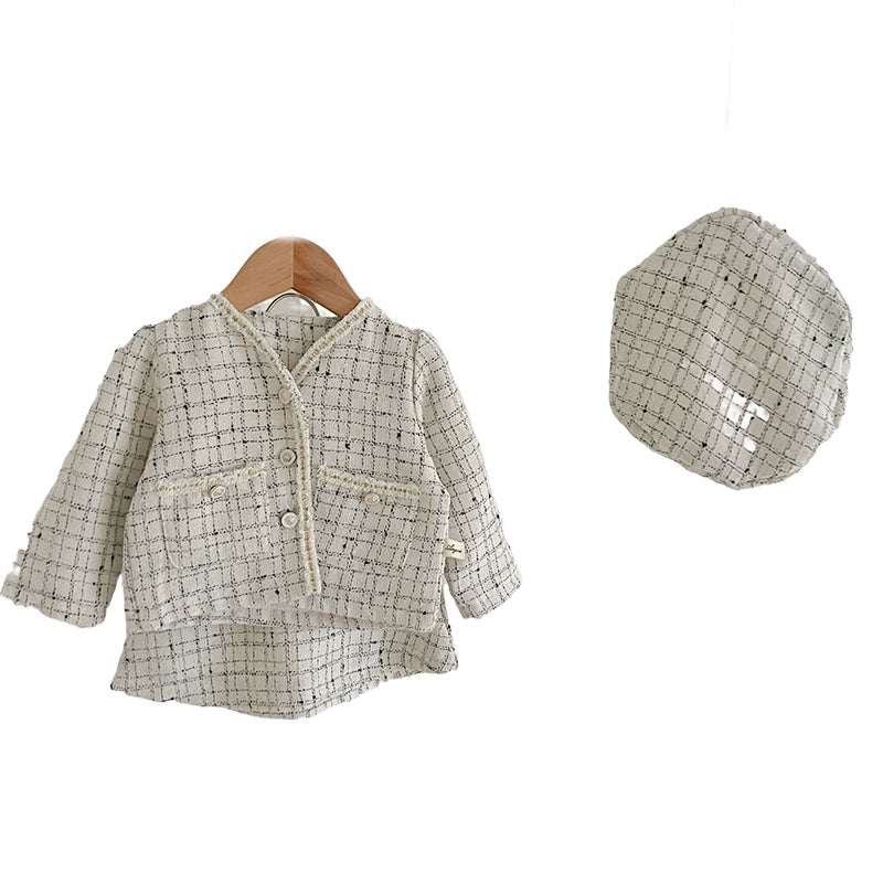 3 Pieces Set Baby Girls Checked Jackets Outwears Skirts And Hats Wholesale 230110124