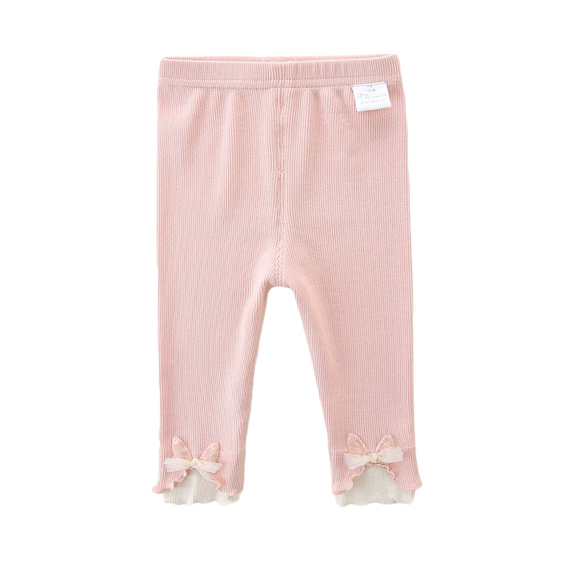 Baby Kid Girls Solid Color Bow Muslin&Ribbed Pants Wholesale 230110208