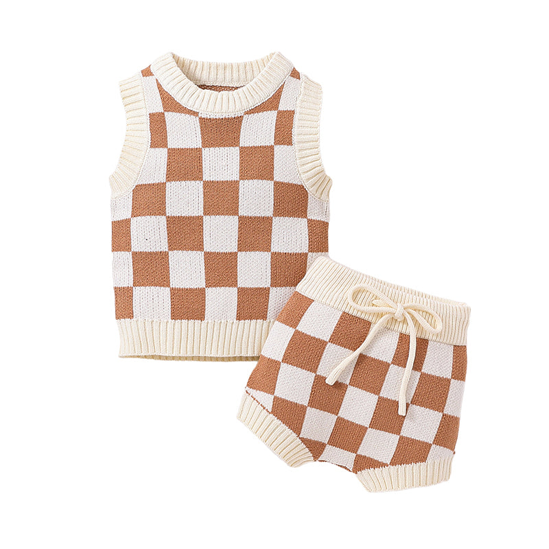 2 Pieces Set Baby Kid Unisex Checked Crochet Sweaters And Shorts Wholesale 23011064