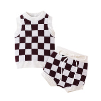 Load image into Gallery viewer, 2 Pieces Set Baby Kid Unisex Checked Crochet Sweaters And Shorts Wholesale 23011064

