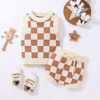 Load image into Gallery viewer, 2 Pieces Set Baby Kid Unisex Checked Crochet Sweaters And Shorts Wholesale 23011064
