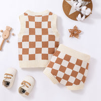 Load image into Gallery viewer, 2 Pieces Set Baby Kid Unisex Checked Crochet Sweaters And Shorts Wholesale 23011064

