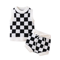 Load image into Gallery viewer, 2 Pieces Set Baby Kid Unisex Checked Crochet Sweaters And Shorts Wholesale 23011064
