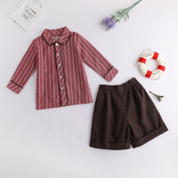 Load image into Gallery viewer, 2 Pieces Set Kid Boys Striped Shirts And Solid Color Shorts Wholesale 23011093
