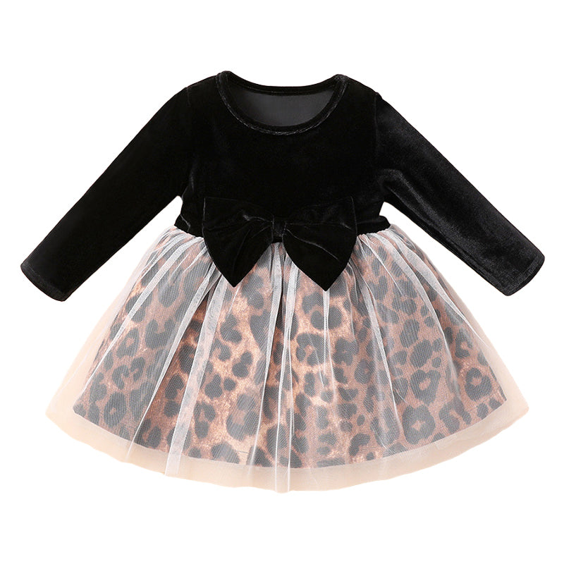Baby Girls Color-blocking Leopard print Bow Dresses Wholesale 230111132