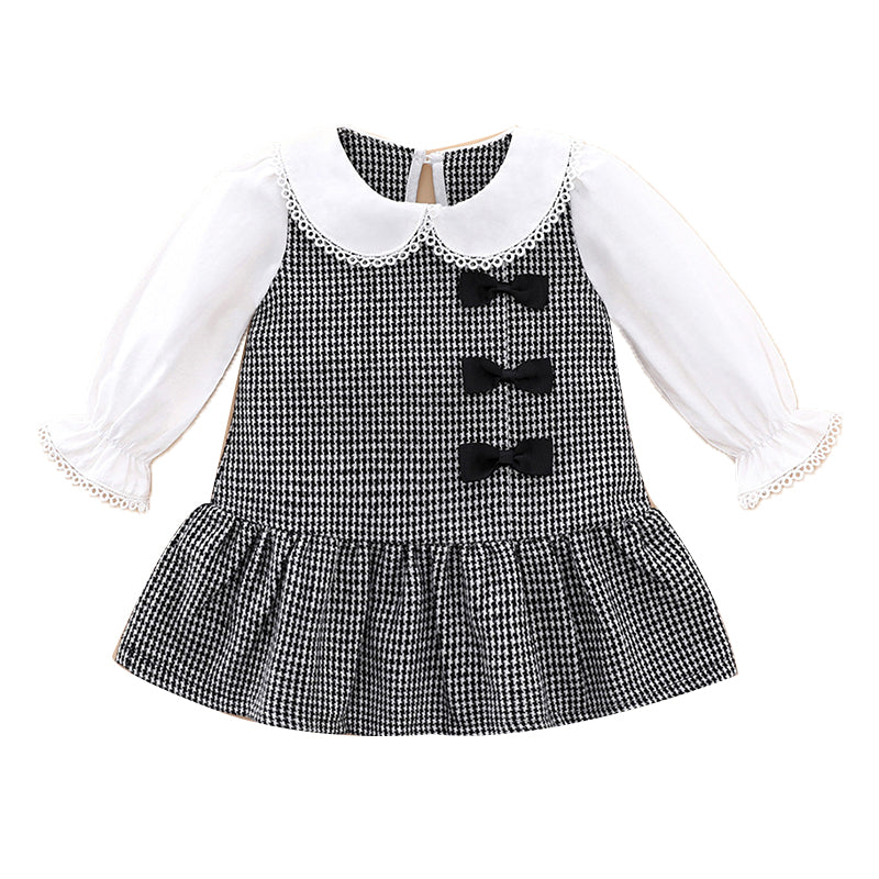 Baby Girls Color-blocking Houndstooth Bow Dresses Wholesale 230111136