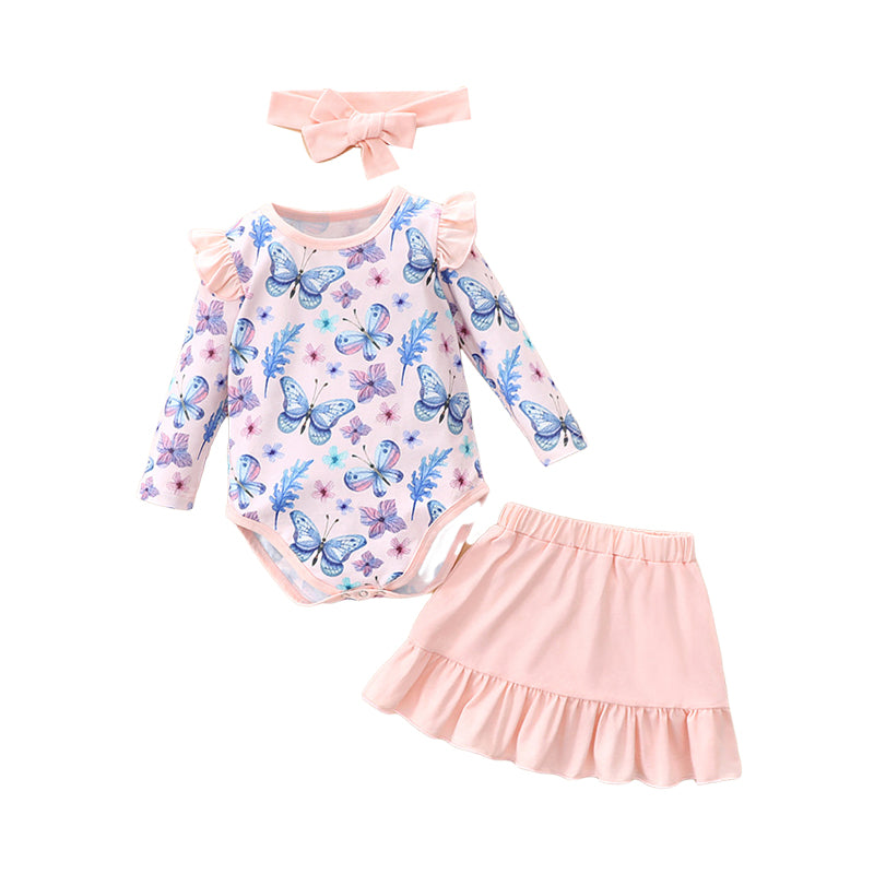 3 Pieces Set Baby Girls Butterfly Print Rompers Solid Color Shorts And Bow Headwear Wholesale 230111137