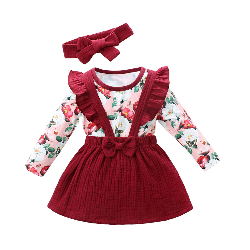 3 Pieces Set Baby Girls Flower Rompers Solid Color Dresses And Bow Headwear Wholesale 230111152