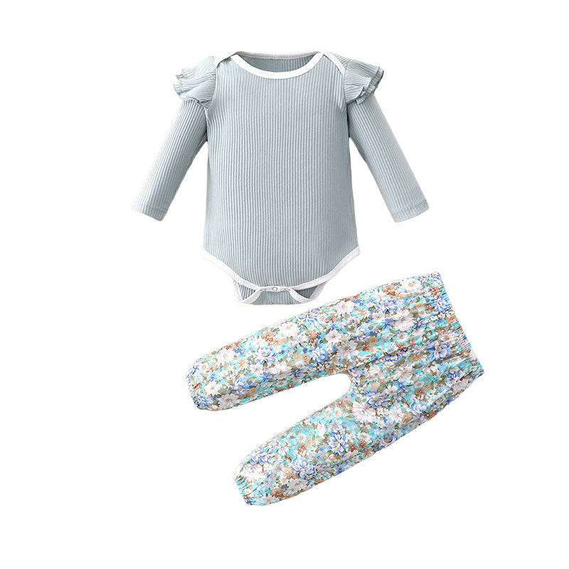 2 Pieces Set Baby Girls Solid Color Print Rompers And Flower Pants Wholesale 230111183