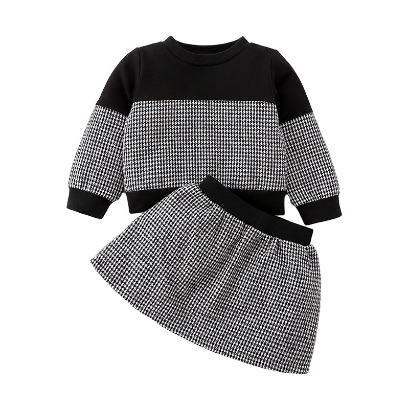 2 Pieces Set Baby Girls Color-blocking Houndstooth Tops And Skirts Wholesale 230111197