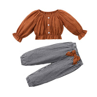 Load image into Gallery viewer, 2 Pieces Set Baby Girls Solid Color Tops And Bow Checked Pants Wholesale 230111198
