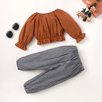 Load image into Gallery viewer, 2 Pieces Set Baby Girls Solid Color Tops And Bow Checked Pants Wholesale 230111198
