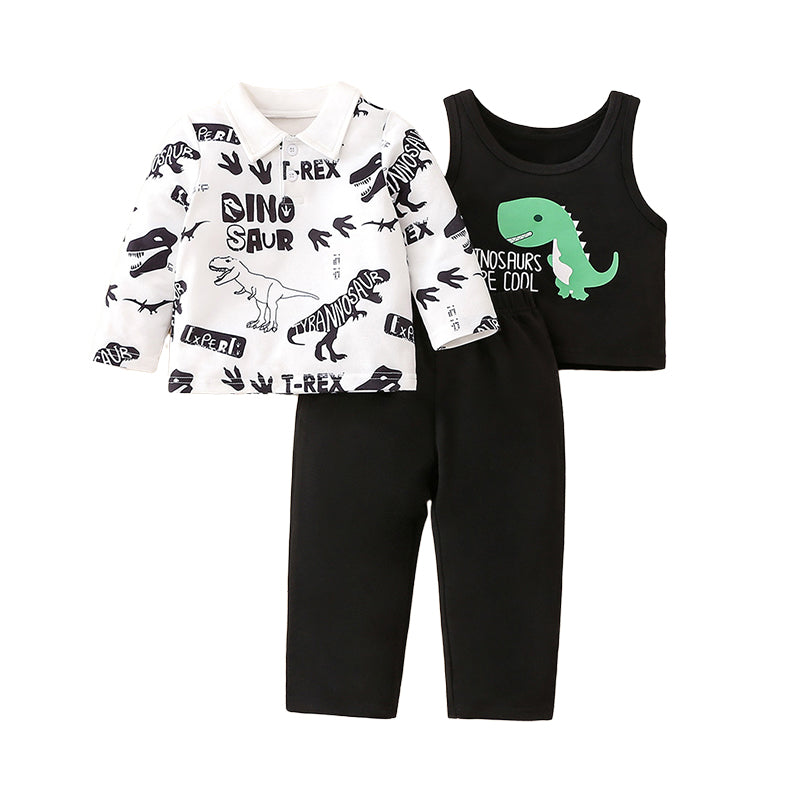 3 Pieces Set Baby Boys Letters Dinosaur Print Polo Shirts Vests Waistcoats And Solid Color Pants Wholesale 230111208