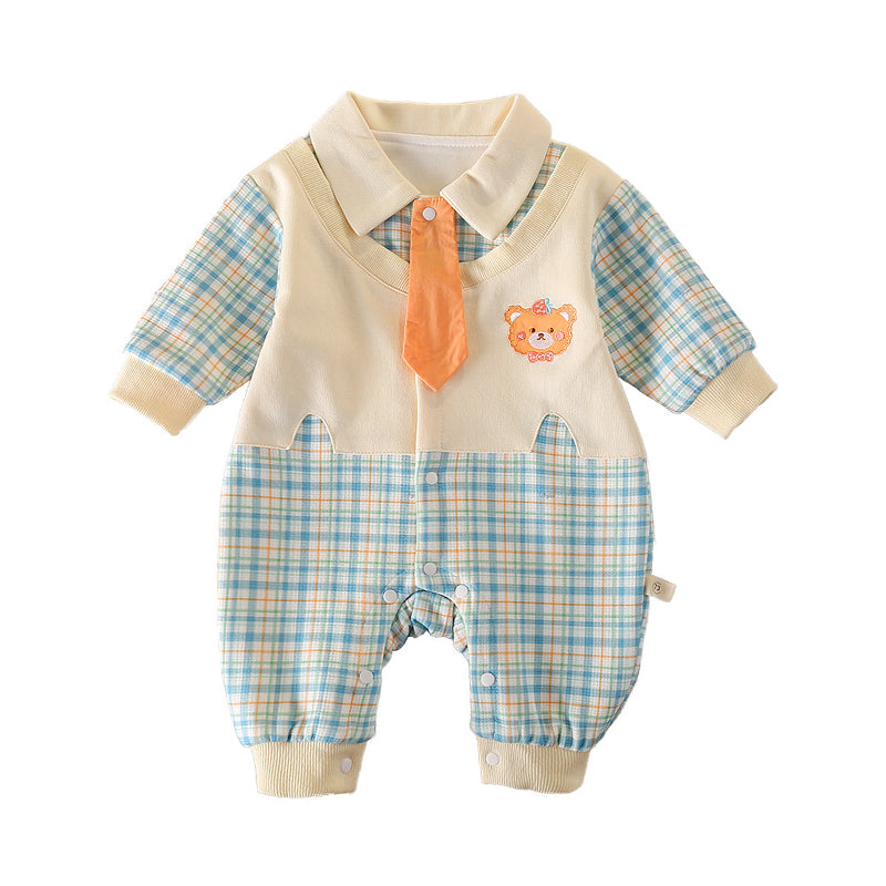 Baby Unisex Color-blocking Checked Cartoon Bow Jumpsuits Wholesale 230111263