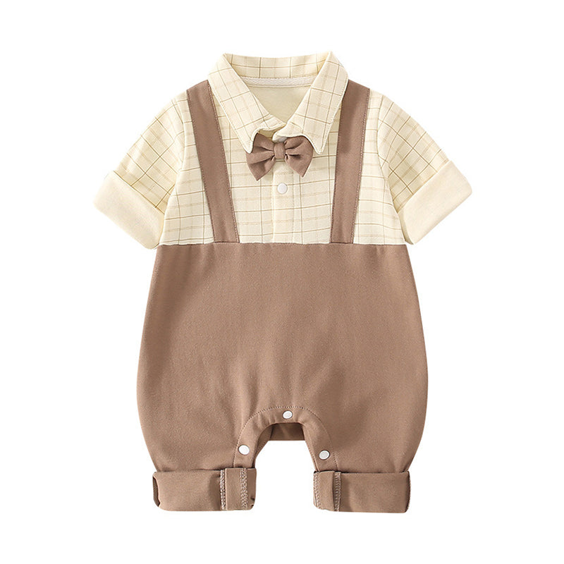 Baby Boys Color-blocking Checked Bow Jumpsuits Wholesale 230111370
