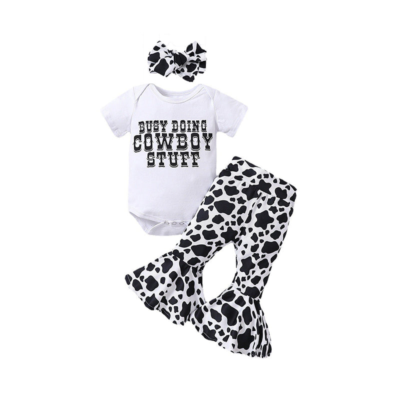 3 Pieces Set Baby Girls Letters Rompers Cow Pants And Headwear Wholesale 230113241
