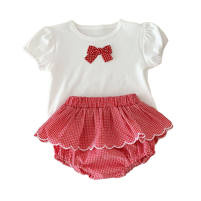 2 Pieces Set Baby Girls Bow T-Shirts And Checked Shorts Wholesale 230113407