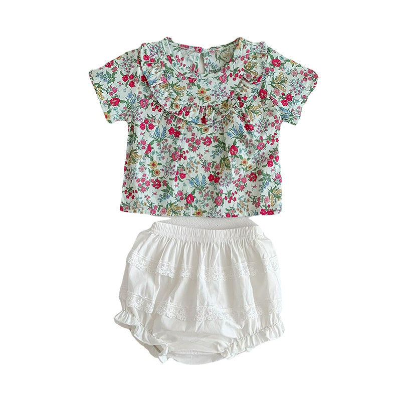 2 Pieces Set Baby Girls Flower Print Tops And Solid Color Shorts Wholesale 230113420