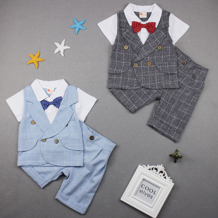 2 Pieces Set Baby Kid Boys Dressy Checked Bow Shirts And Pants Suits Wholesale 23011404