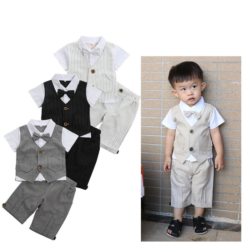 2 Pieces Set Baby Kid Boys Dressy Striped Bow Shirts And Pants Suits Wholesale 23011405