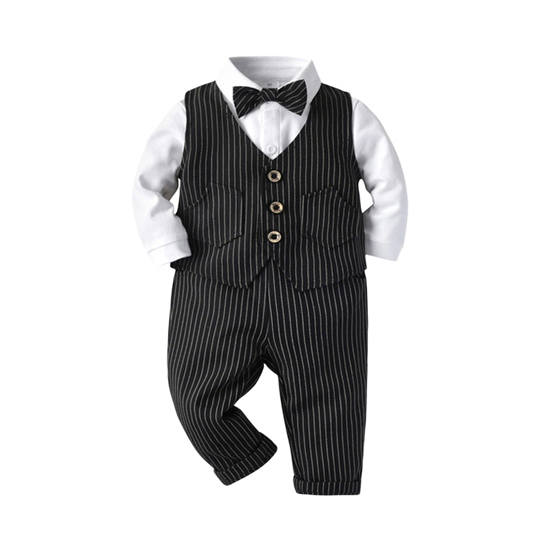 3 Pieces Set Baby Kid Boys Dressy Solid Color Bow Shirts Striped Vests Waistcoats And Trousers Wholesale 230114106