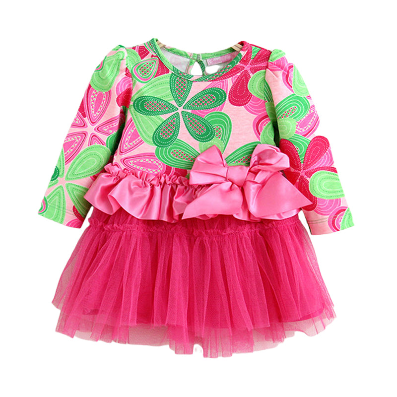 Baby Kid Girls Flower Bow Print Dresses Wholesale 230114113