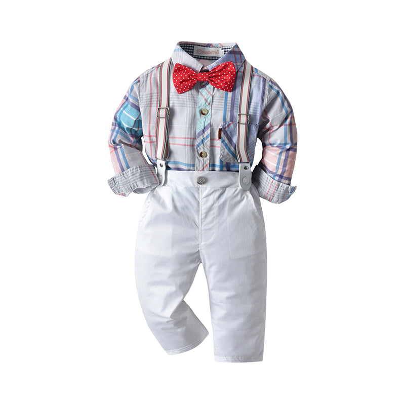 2 Pieces Set Baby Kid Boys Birthday Checked Bow Shirts And Solid Color Jumpsuits Wholesale 230114114
