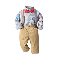 Load image into Gallery viewer, 2 Pieces Set Baby Kid Boys Birthday Checked Bow Shirts And Solid Color Jumpsuits Wholesale 230114114
