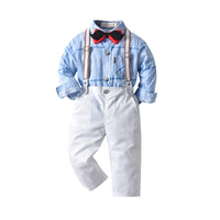 Load image into Gallery viewer, 2 Pieces Set Baby Kid Boys Birthday Checked Bow Shirts And Solid Color Jumpsuits Wholesale 230114114
